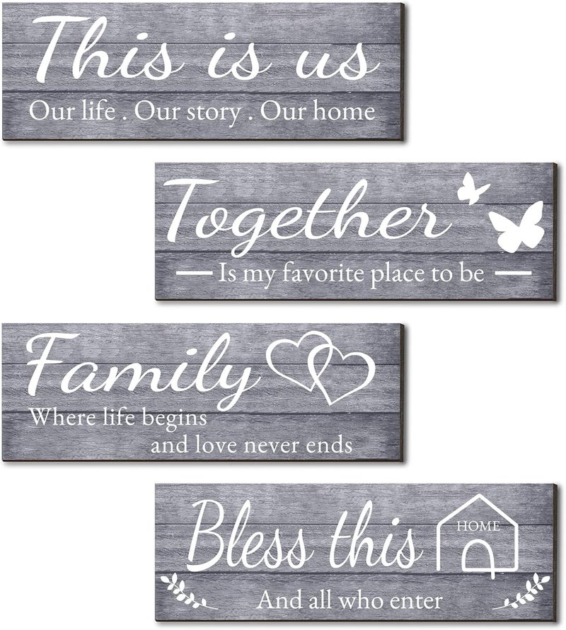 Joyhawk 4 Pieces Wall Decor Signs, THIS IS US, TOGETHER, BLESS THIS HOME, FAMILY Rustic Wooden Farmhouse Wall Art Décor For Living Room Bedroom Kitchen, , 4.7 x 13.8 Inch(Grey) - Image 1